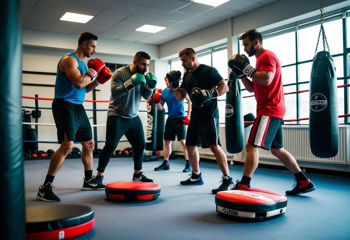 A group of beginners and professional boxers testing out different boxing pads in a well equipped gymEn gruppe begyndere og professionelle boksere der prøver forskellige boksepuder i et veludstyret fitnesscenter